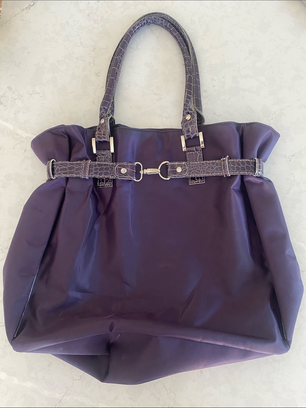 Large Drawstring Purple Bag in Nylon with faux-leather straps fits Lap-Top